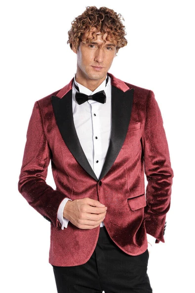 Simli Slim Fit Kadife Bordo Erkek Smokin Ceket - Wessi - Resim 3