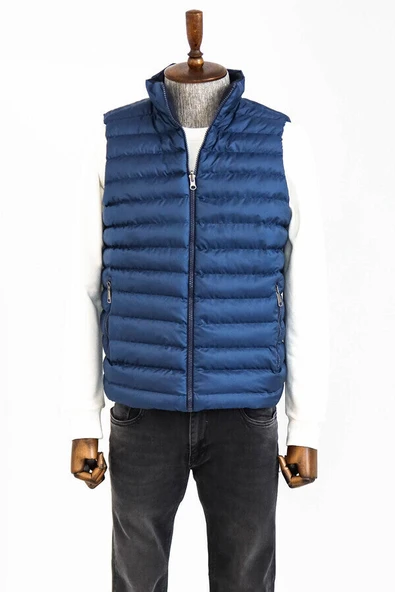 Çift Taraflı Kapitone Dik Yaka Mavi Erkek Kışlık Şişme Yelek - Wessi - Resim 3