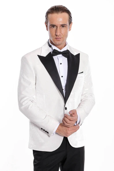 Kadife Slim Fit Beyaz Erkek Smokin Ceketi - Wessi ürün görseli 1