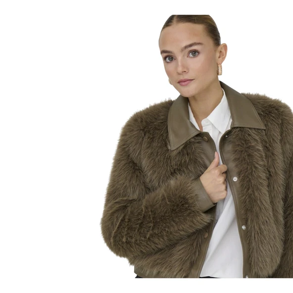 Kadın Kahve Onlyumi Life Faux Fur Jacket Otw Ceket 15356776 - Resim 4