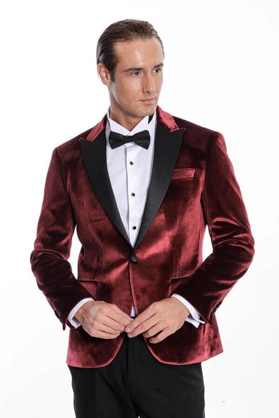 Kadife Slim Fit Bordo Erkek Smokin Ceket - Wessi - Resim 6