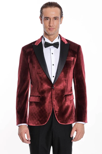 Kadife Slim Fit Bordo Erkek Smokin Ceket - Wessi - Resim 7
