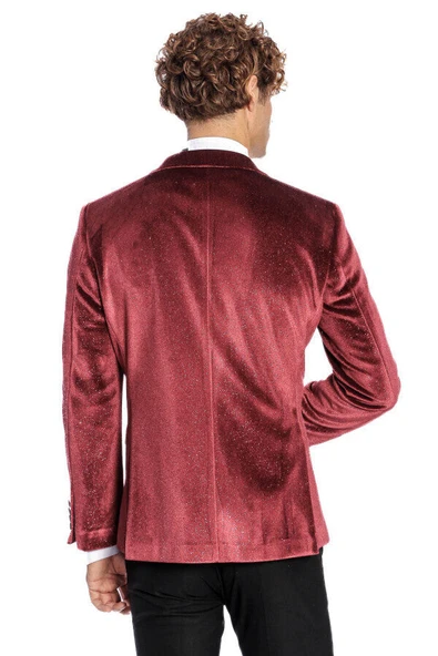 Simli Slim Fit Kadife Bordo Erkek Smokin Ceket - Wessi - Resim 8