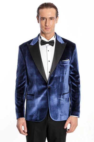 Kadife Slim Fit Mavi Erkek Smokin Ceket - Wessi - Resim 7