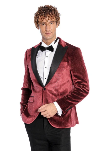 Simli Slim Fit Kadife Bordo Erkek Smokin Ceket - Wessi - Resim 5
