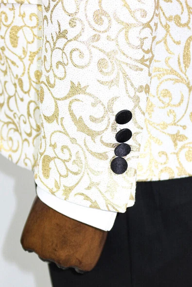 Gold Desenli Simli Beyaz Erkek Smokin Ceket - Wessi - Resim 5