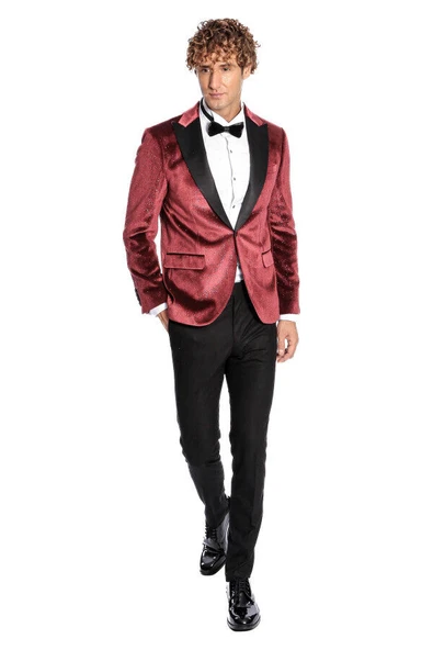 Simli Slim Fit Kadife Bordo Erkek Smokin Ceket - Wessi - Resim 4