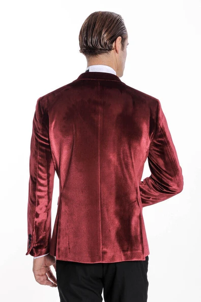 Kadife Slim Fit Bordo Erkek Smokin Ceket - Wessi - Resim 9
