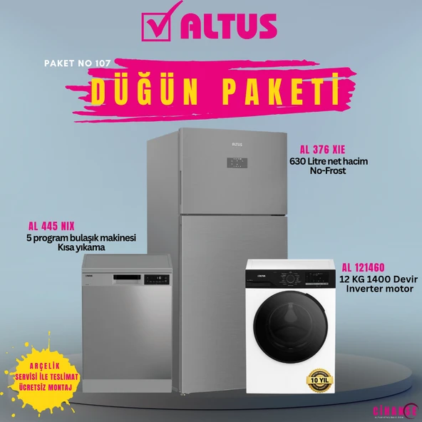 Altus XXL İnox Düğün Paketi (Paket 107) AL 445 NIX Bulaşık Makinesi AL-121460 Çamaşır Makinesi AL-376 XIE buzdolabı ürün görseli 1