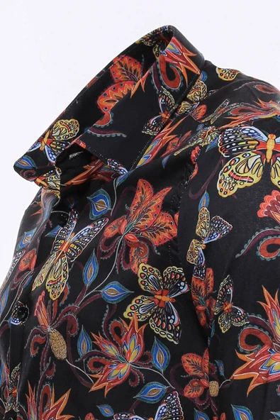Kaplan Desenli Slim Fit Uzun Kollu Siyah Erkek Gömlek - Wessi - Resim 4