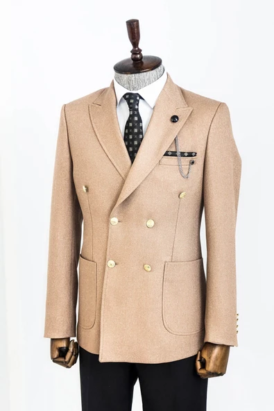 Kruvaze Slim Fit Krem Erkek Ceket - Wessi - Resim 4