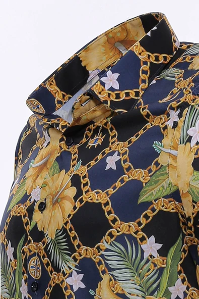Renkli Çiçek Desenli Slim Fit Uzun Kollu Lacivert Erkek Gömlek - Wessi - Resim 5