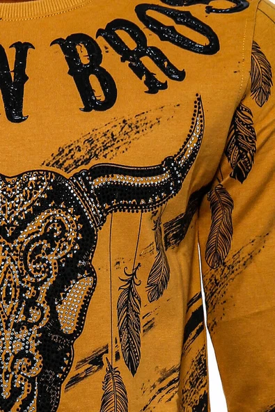 Hardal Baskılı Taşlı Bisiklet Yaka Sweatshirt - Wessi - Resim 10