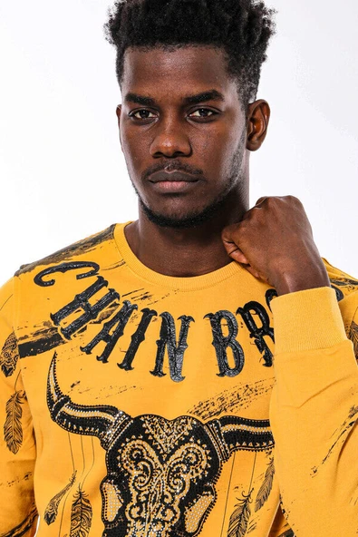 Hardal Baskılı Taşlı Bisiklet Yaka Sweatshirt - Wessi - Resim 3