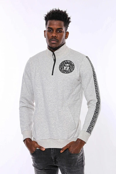 Gri Fermuarlı Baskılı Sweatshirt - Wessi - Resim 10