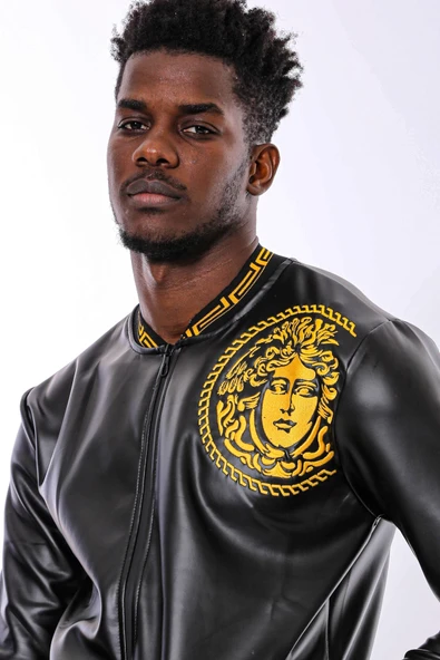 Siyah Deri Görünümlü Baskı Detaylı Mevsimlik Mont - Wessi - Resim 2