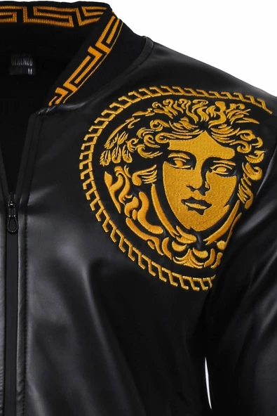 Siyah Deri Görünümlü Baskı Detaylı Mevsimlik Mont - Wessi - Resim 4