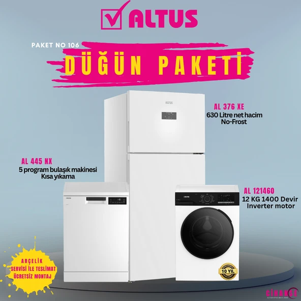 Altus Evlilik Paketi 2026 (NO:106) Buzdolabı AL 376 XE Çamaşır Makinesi AL 121460 Bulaşık Makinesi AL445 NX ürün görseli 1