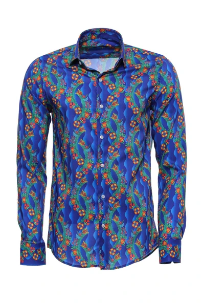 Çiçek Desenli Uzun Kollu Slim Fit İndigo Erkek Gömlek - Wessi ürün görseli 1