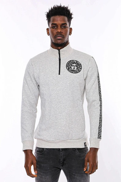 Gri Fermuarlı Baskılı Sweatshirt - Wessi - Resim 2