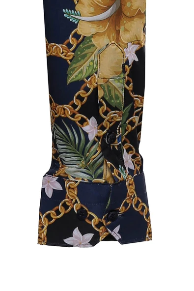 Renkli Çiçek Desenli Slim Fit Uzun Kollu Lacivert Erkek Gömlek - Wessi - Resim 3
