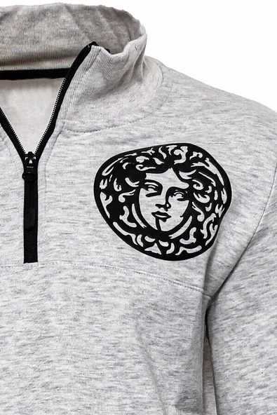 Gri Fermuarlı Baskılı Sweatshirt - Wessi - Resim 4