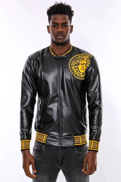 Siyah Deri Görünümlü Baskı Detaylı Mevsimlik Mont - Wessi - Resim 3