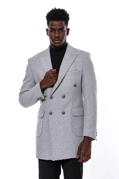 Gri Metal Düğmeli Kruvaze Kaban - Wessi ürün görseli 1