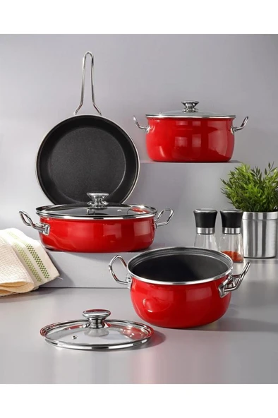 Lilium Içi Titanyum Dışı Emaye 7 Parça Tencere Tava Seti - Resim 7