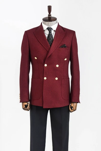 Kruvaze Slim Fit Bordo Erkek Ceket - Wessi - Resim 3