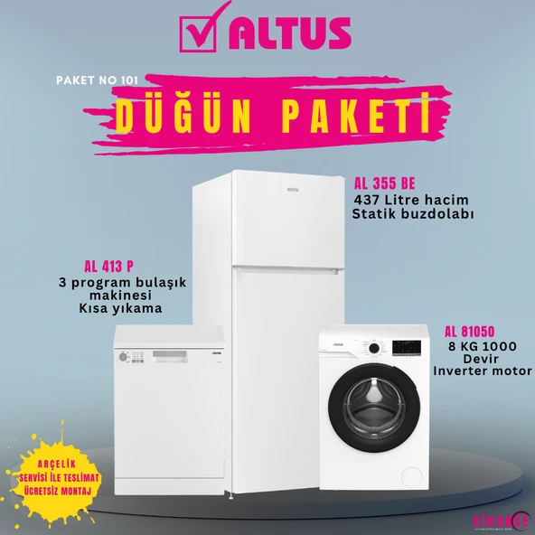 Altus Ekonomik Düğün Paketi (Paket 101) AL 413 P Bulaşık Makinesi AL-81050 Çamaşır Makinesi AL-355 BE buzdolabı ürün görseli 1