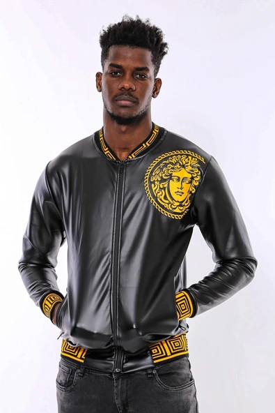 Siyah Deri Görünümlü Baskı Detaylı Mevsimlik Mont - Wessi - Resim 7