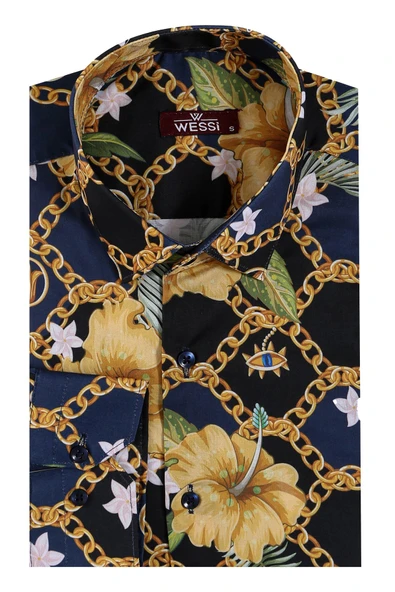 Renkli Çiçek Desenli Slim Fit Uzun Kollu Lacivert Erkek Gömlek - Wessi - Resim 2