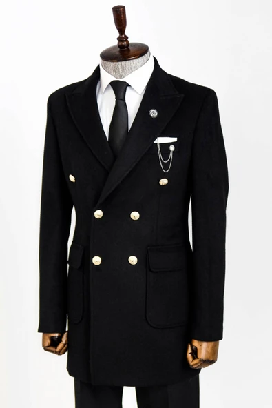 Metal Düğmeli Kruvaze Siyah Erkek Uzun Kaban - Wessi - Resim 3