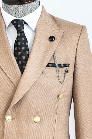 Kruvaze Slim Fit Krem Erkek Ceket - Wessi - Resim 2