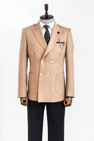 Kruvaze Slim Fit Krem Erkek Ceket - Wessi - Resim 3