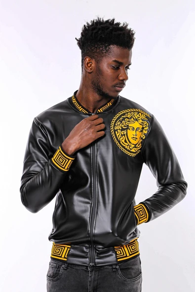 Siyah Deri Görünümlü Baskı Detaylı Mevsimlik Mont - Wessi ürün görseli 1