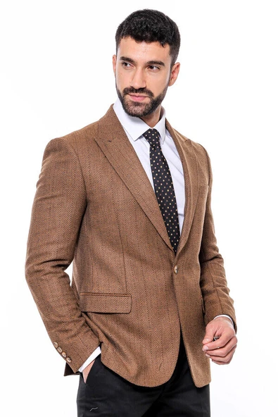 Slim Fit Desenli Açık Kahverengi Erkek Ceket - Wessi - Resim 5