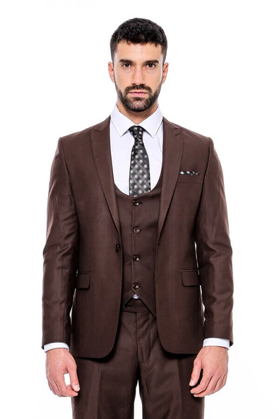 Desensiz Slim Fit Kahverengi Erkek Takım Elbise - Wessi - Resim 7