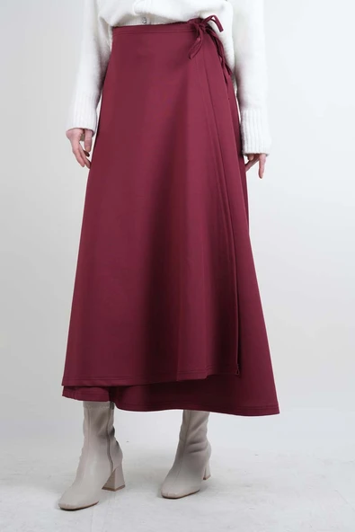Tesettür Etek Yandan Çapraz Bağlamalı Scuba Etek Bordo - Resim 2