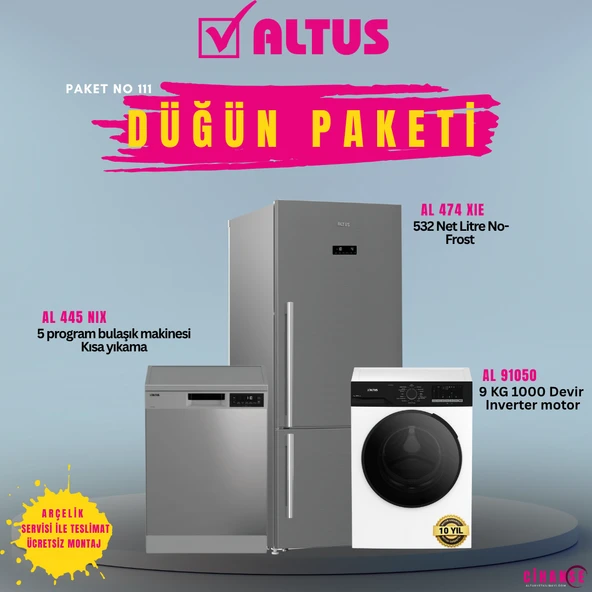 Altus inox Düğün Paketi 2026 (Paket-111) Bulaşık Makinesi AL-445 NIX - Buzdolabı AL 474 XIE - 9 Kg Çamaşır Makinesi 91050 D ürün görseli 1