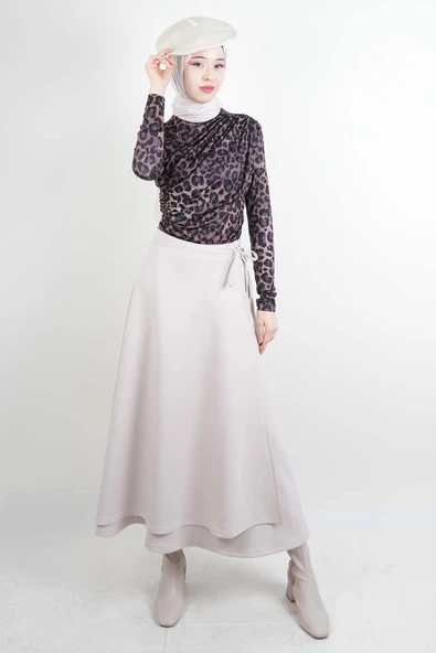 Tesettür Etek Yandan Çapraz Bağlamalı Scuba Etek Krem - Resim 2