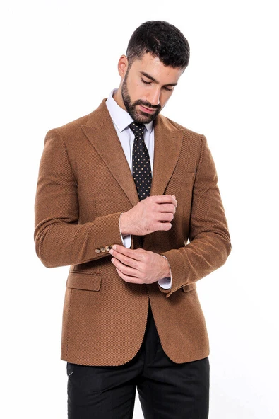 Slim Fit Desenli Taba Erkek Ceket - Wessi - Resim 5