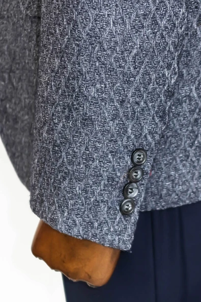 Kendinden Desenli Slim Fit Yün Erkek Lacivert Ceket - Wessi - Resim 5
