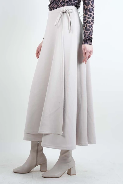 Tesettür Etek Yandan Çapraz Bağlamalı Scuba Etek Krem - Resim 3