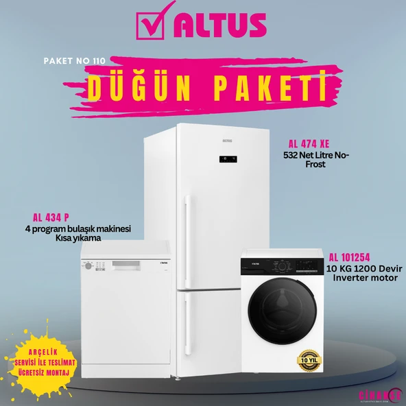 Altus Lüx Beyaz Düğün Paket 2026 (Paket-110) ALK 474 XE BUZDOLABI - AL 434 P BULAŞIK MAKİNESİ - AL 101254 D 10 KG ürün görseli 1