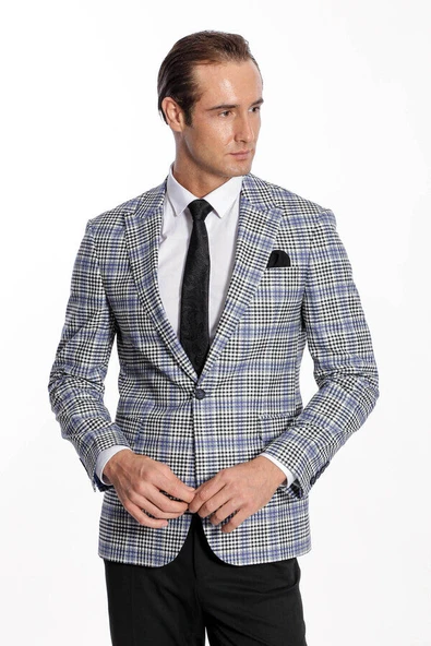 Ekose Desenli Slim Fit Siyah Mavi Erkek Ceket - Wessi - Resim 4