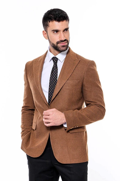 Slim Fit Desenli Taba Erkek Ceket - Wessi - Resim 4