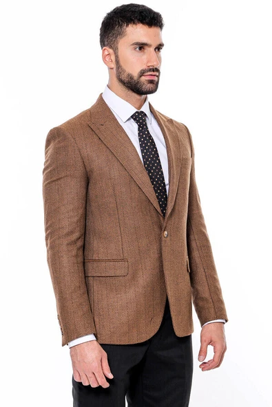 Slim Fit Desenli Açık Kahverengi Erkek Ceket - Wessi - Resim 6