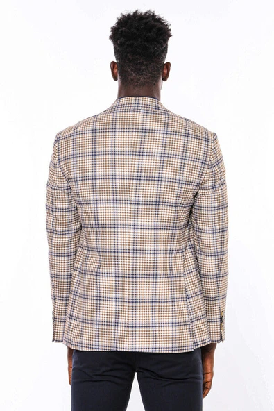 Ekose Desenli Slim Fit Kahverengi Mavi Erkek Ceket - Wessi - Resim 8